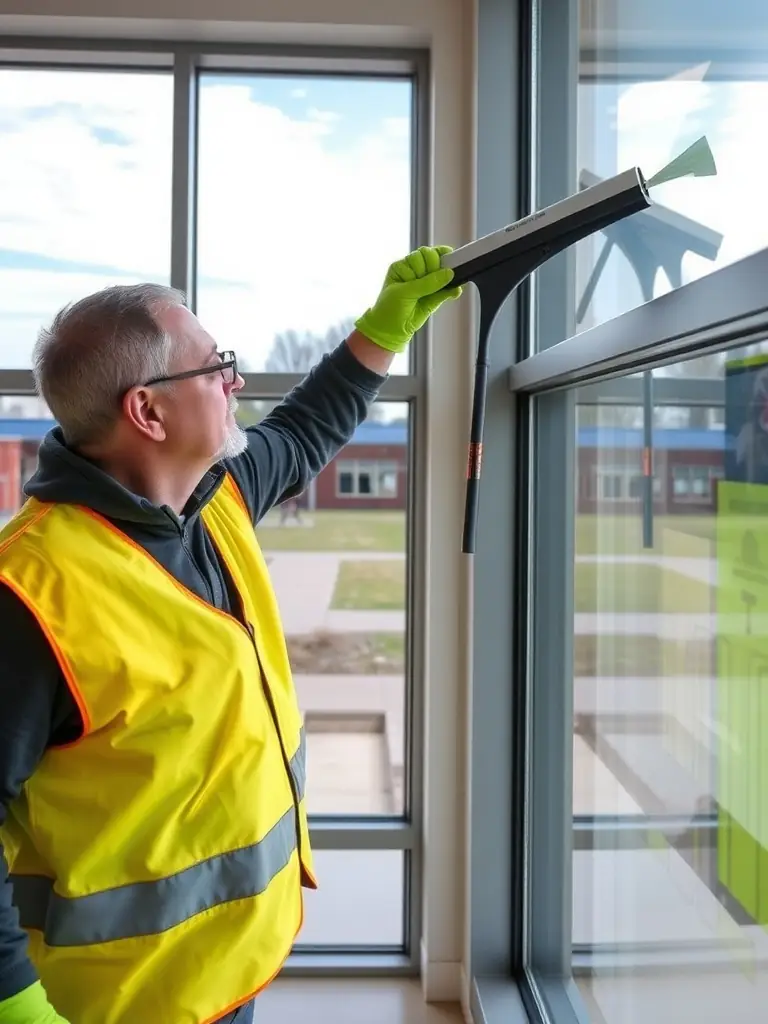 A window cleaner carefully cleaning the windows of a local school gymnasium in Radford, ensuring safety and clarity for students and staff.
