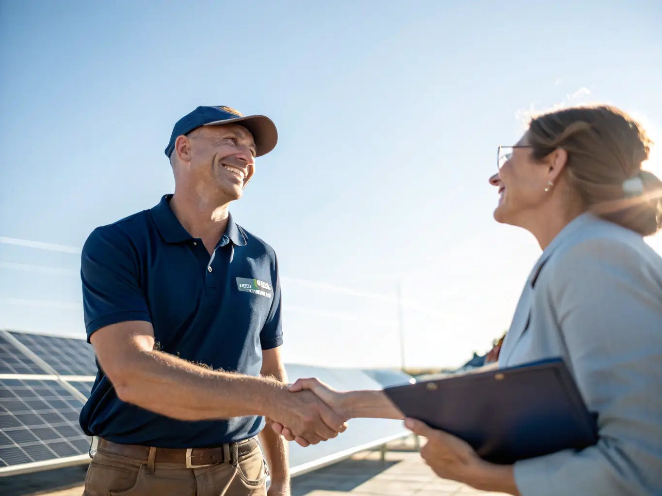 A happy customer shaking hands with an NRV Window Cleaning technician, symbolizing trust and satisfaction.