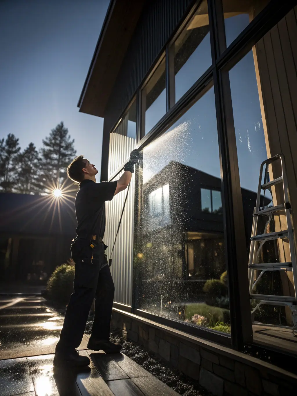 A professional technician cleaning a large window inside a modern home, with visible streak-free results, showcasing NRV Window Cleaning's interior service.