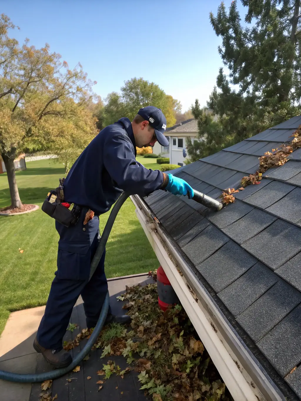 Technicians clearing out debris from a residential gutter system with professional tools, highlighting NRV Window Cleaning's gutter cleaning service.