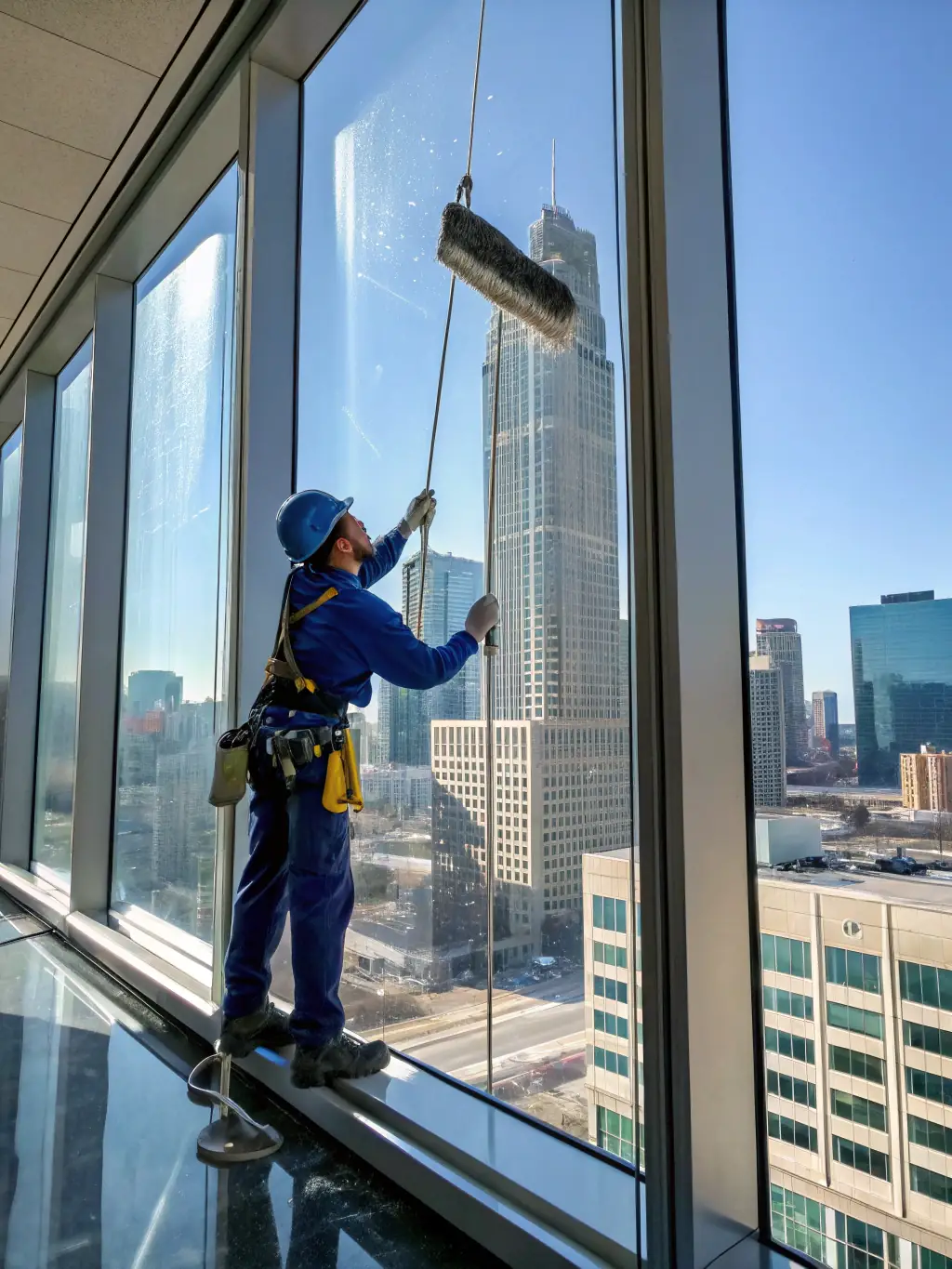 A close-up of a window cleaner using a water-fed pole system to clean the exterior windows of a commercial building in downtown Radford, emphasizing the reach and effectiveness of the equipment.