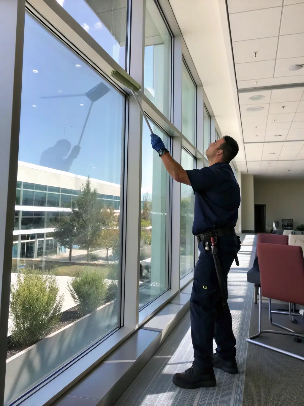 A high-angle shot of a window cleaner meticulously cleaning the interior of a window in a Radford home, with sunlight streaming through, showcasing the clarity achieved.