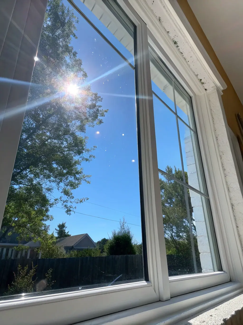 A close-up shot of sparkling clean windows after a professional cleaning service, emphasizing the clarity and shine achieved by NRV Window Cleaning.