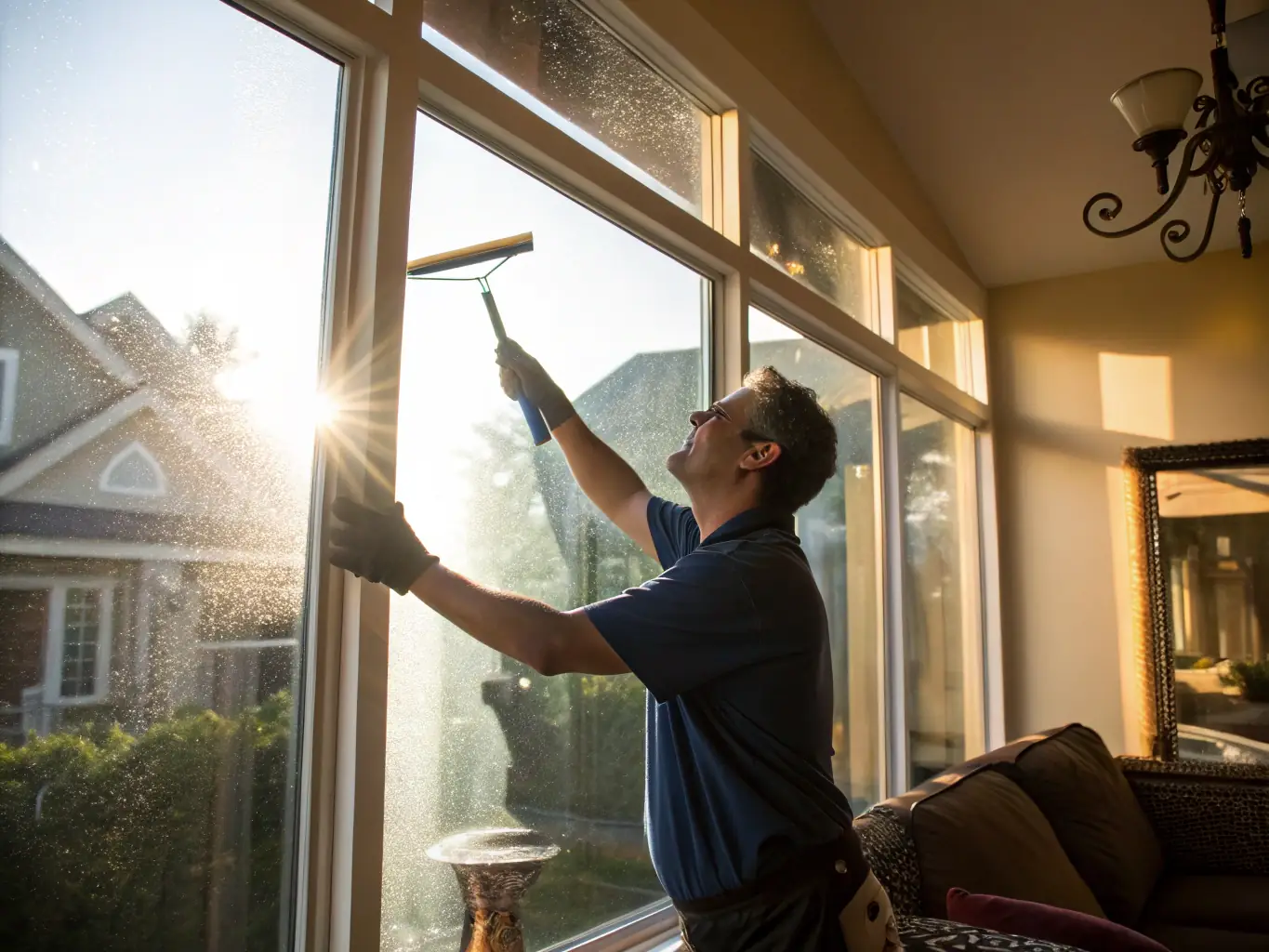 A close-up shot of a technician meticulously cleaning a window frame, showcasing attention to detail and professional equipment.